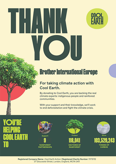 Certificate of Donations issued for BIE by "Cool Earth"